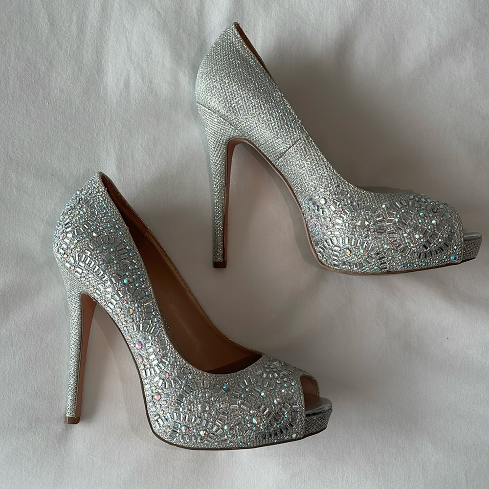 Silver rhinestone me open toe heels